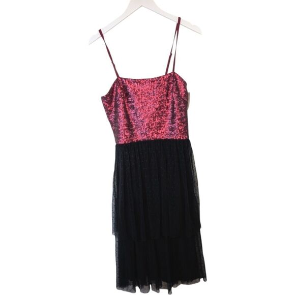 Dress the Population Lady sequin dress maroon tiered chiffon M - Picture 2 of 9